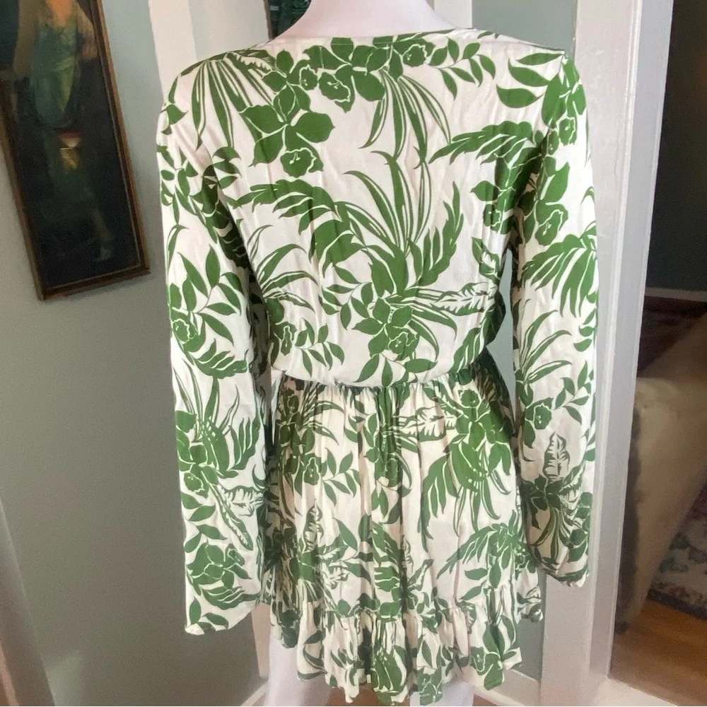 L*Space Geneva Bell Sleeve Tropical Green Leaf Print Mini Dress Hawaiian Small S - Picture 8 of 15